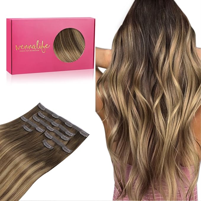 WENNALIFE Lace Seamless Clip in Hair Extensions Human Hair 7pcs Ultra Invisible 50% Thinner Seamless Clip Ins Balayage Chocolate Brown to Caramel Blonde Natural Remy Hair 14 inch
