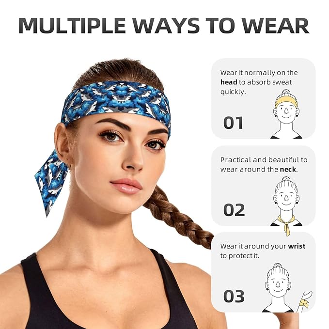 Boys Girls Sports Sweatbands, Boho Style Long Hair Band for Running Travel Spa, Lovely Cool Dinosaur And Ocean Sharks Headdress Hair Decor