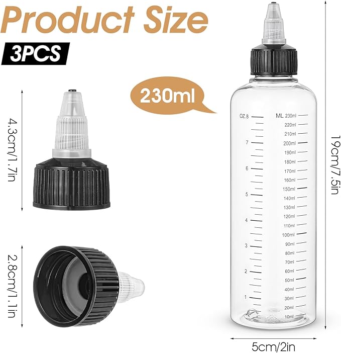 3 Pack Hair Oil Bottle 8.5oz-Hair Oil Applicator Plastic Squeeze Bottles Scalp Oil-Applicator Hair Dye Bottle, Twist-On Top Tip Cap, Refillable Bottles with Graduated Scale and Twist Top