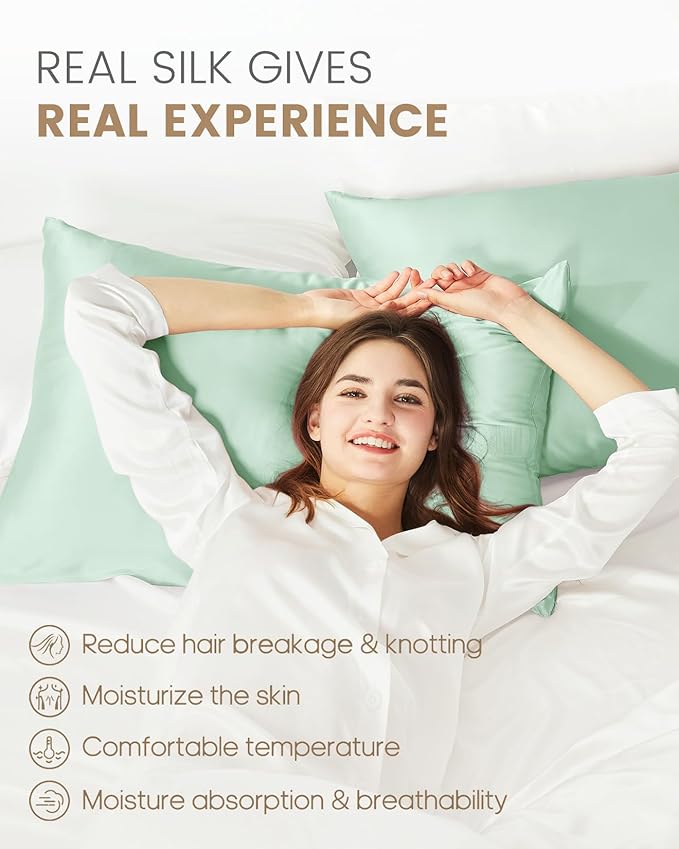 THXSILK Set of 2 100% Mulberry Silk Pillowcase for Hair and Skin, Grade 6A+ Mulberry Silk Pillow Cases Ultra-Soft, Hypoallergenic Pillow Case Cover with Zipper (Queen 20"x30", Turquoise Green)