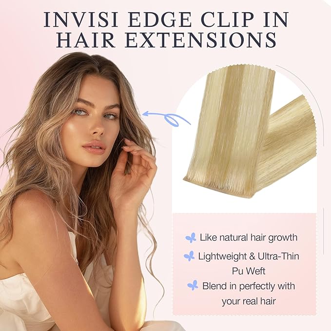DOORES Invisible Clip in Hair Extensions 22 inch 110g 7pcs, Real Human Hair Invisi Edge Clip in Extensions, Virgin PU Clipins Straight Thickening, 16/22 Light Blonde Highlighted Golden Blonde