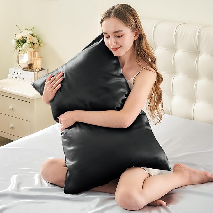 INFIIXSO Silk Pillow Cases 2 Pack Standard Size, Ultra Smooth & Soft Mulberry Silk Pillow Case for Hair and Skin, Breathable Cooling Silk Pillowcase with Hidden Zipper (Black, 20x26 Inches)