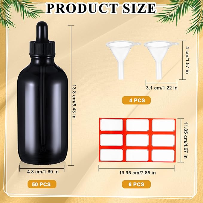 Dandat 50 Pack 4 oz Glass Dropper Bottles Leakproof 120 ml Glass Tincture Bottles with Eye Droppers, 4 Funnels, 54 Labels for Essential Oil Perfumes Hair Oil(Black)