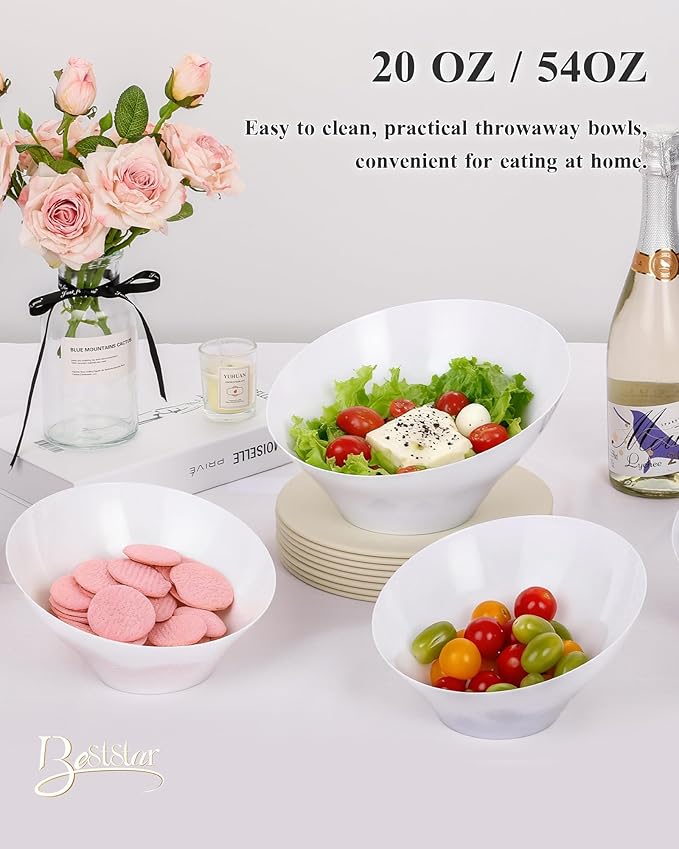 BESTSTAR 20OZ Plastic White Serving Bowls 8 Pack Angled Disposable Party Bowls for Chips, Salad, Fruit & Candy – Heavy Duty Clear Serving Bowls for Parties, Buffet, Catering, Christmas
