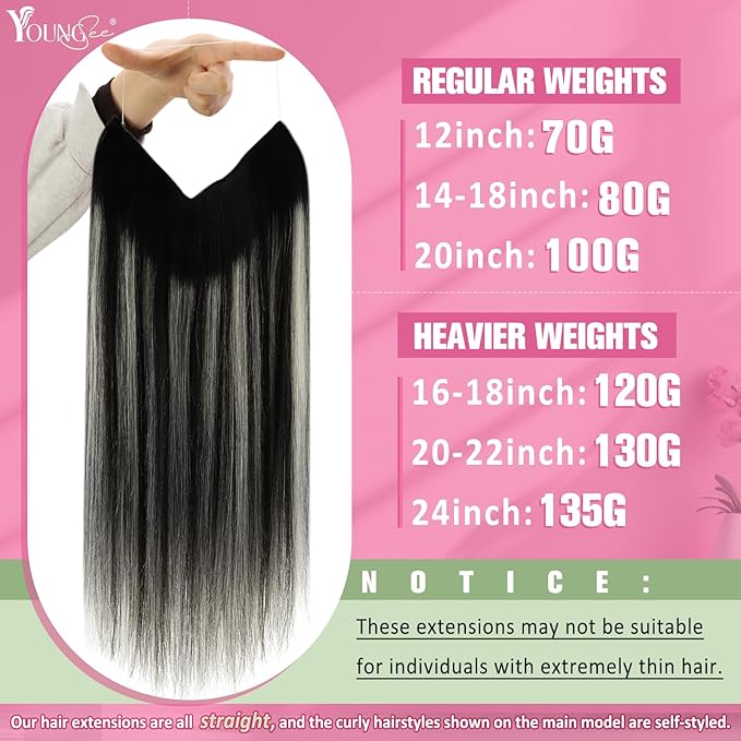 YoungSee Invisible Wire Hair Extensions Ombre Black Wire Hair Extensions Real Human Hair Balayage Black with Silver Headband Hair Extensions for Women 70G 12Inch