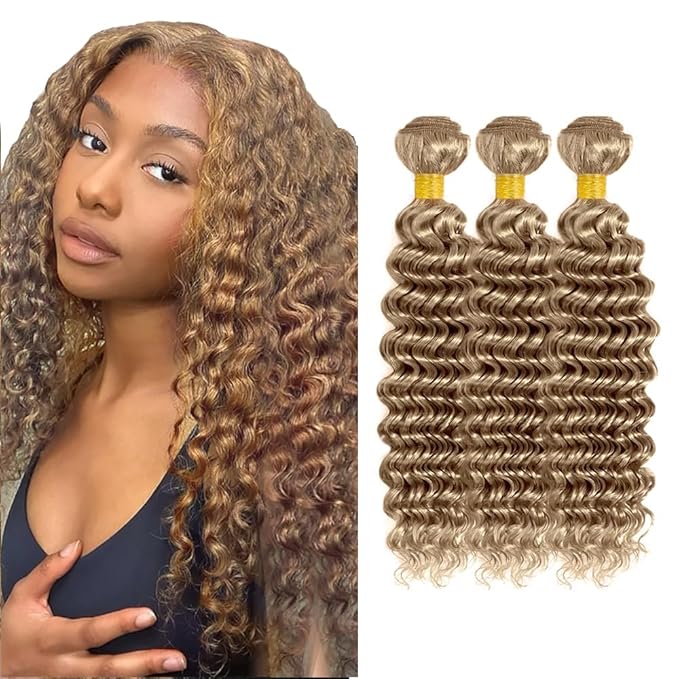 Ash Blonde Deep Wave Bundles Human Hair Color #22 Bundle Niegmeag Brazilian Virgin Remy Hair 3 Bundles 16 18 20 Inch Double Weft #22 Blonde Bundle Hair Weave