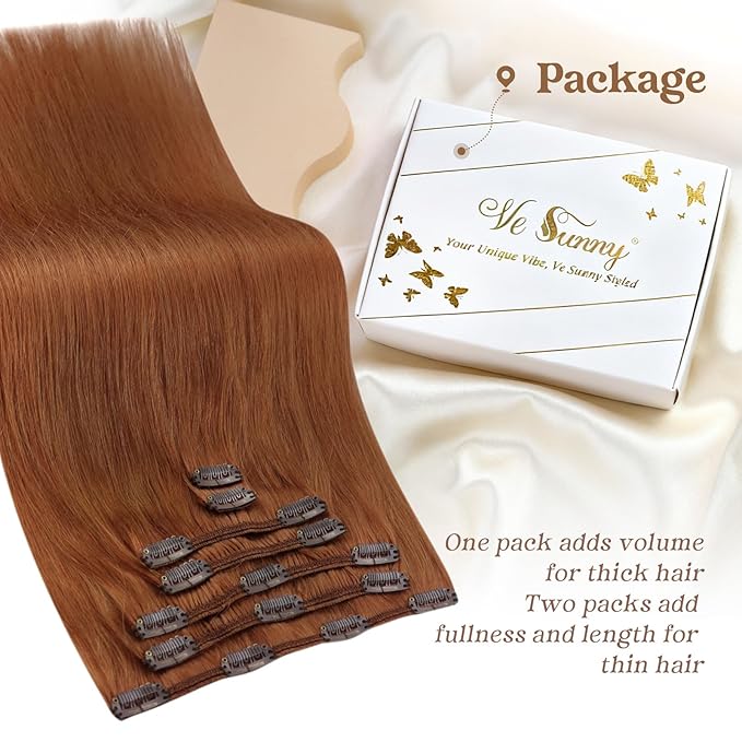 Ve Sunny Clip in Extensions Real Human Hair Ginger Copper Hair Extensions Full Head Clip in Hair Extensions Human Hair Natural Straight 7pcs 20 inch 120g