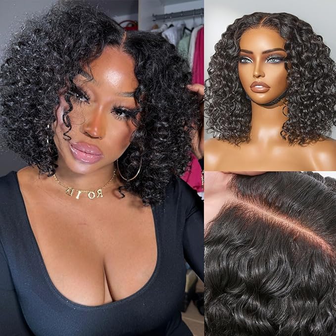 LUVME HAIR 5X5 Deep Curly 12 Inches 100% Human Hair Wigs Curly Deep Wave Glueless Lace Front 12 Inches, Pre Cut Plucked Hd Lace Short Wig Ready To Go Natural Color Straight Bleached Knots Black Wigs