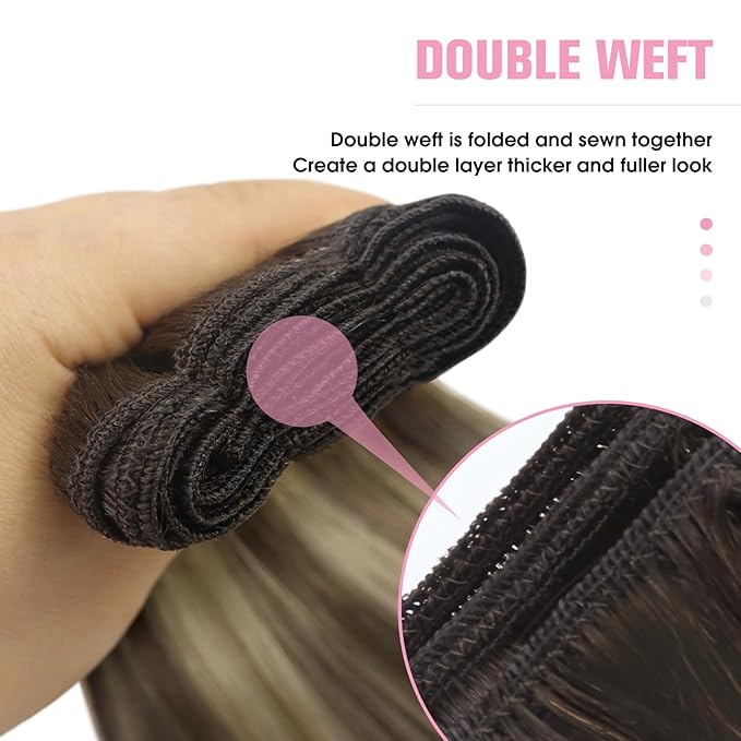 YoungSee Sew in Human Hair Extensions Balayage Hand Tied Weft Hair Extensions Human Hair Sew in Extensions Chocolate Brown with Ash Blonde Balayage Straight Hair Bundle 18Inch 100G