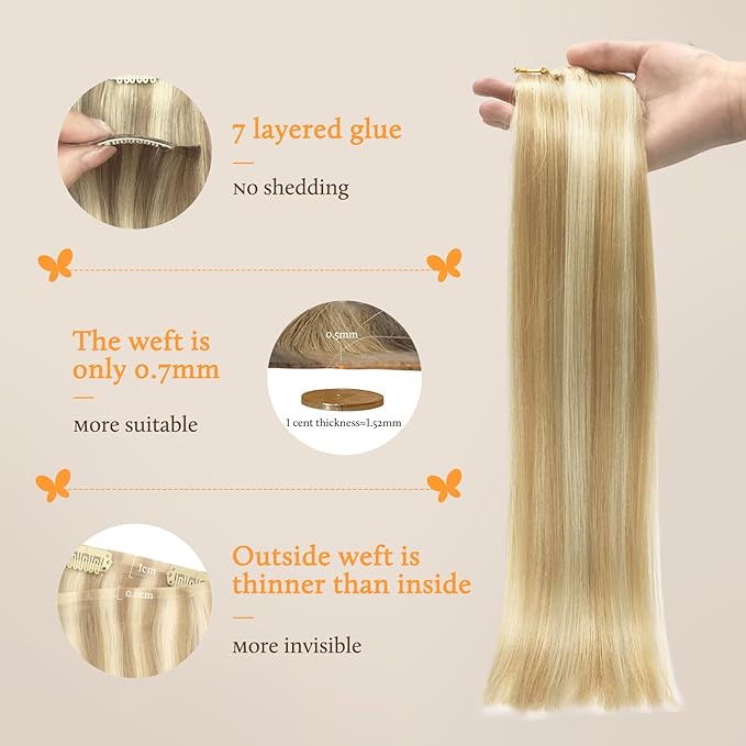 DOORES Clip in Hair Extensions Seamless, Dark Blonde Highlighted Bleach Blonde 20 Inch 150g 7pcs, Long Straight Human Hair Clip in Extensions