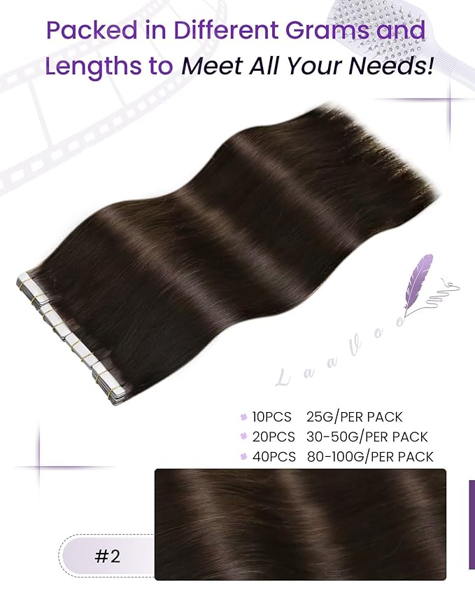 LaaVoo Tape in Hair Extensions Human Hair #2 Darkest Brown Tape in Extensions Real Human Hair 14 Inch 20 Pcs 40 Gram