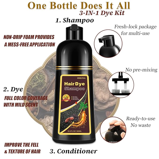 Dark Wine Red Hair Dye Shampoo, 100% Gray Hair Coverage for Men & Women, Instant and Long-lasting Hair Color Shampoo in Minutes, 3 in 1 Pure Plant Extract Natural Hair Dye Kit for All Hair Types