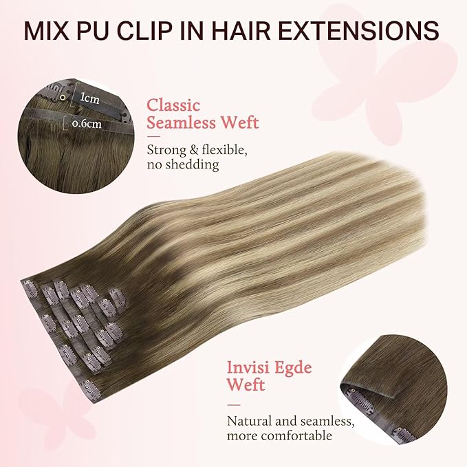 DOORES Clip in Hair Extensions Set 16 Inch 130g, 4pcs Invisi Edge Clip ins and 3pcs Classic Seamless Clip ins, Injected Virgin Real Human Hair Extensions Natural Invisible Straight, #3/8/613