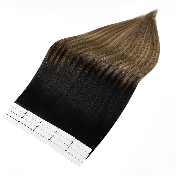 Full Shine Tape in Hair Extensions Human Hair Invisible Tape ins Extensions 12 Inch Skin Weft Tape ins Human Hair Extensions Color 1B Fading to 6 And 27 Blonde Human Hair Extension 20 Pcs 30 Gram