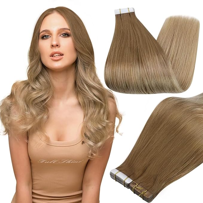 Full Shine Tape in Hair Extensions 22Inch Double Sided Tape in Hair Ombre Color 10 Golden Brown Fading to 14 Dark Blonde Real Hair Extensions 50G 20Pcs Seamless Skin Weft Remy Tape Extension for Women