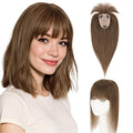 Hairro Human Hair Toppers with Wispy Bangs, 3.5x4.7" Hand-wovened Base for Women with Thinning Hair, Lightweight & Breathable Realistic Scalp, Clip-in Hairpieces for Easy Wear, 12 Inch Cocoa Brown