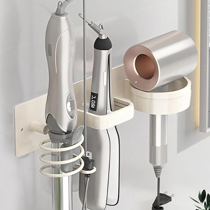 Hair Dryer Holder Wall Mounted,Blow Dryer, Curling Iron, Straightener Holder 3 in 1 Bathroom Metal Hair Tool Organizer Rack-White-1