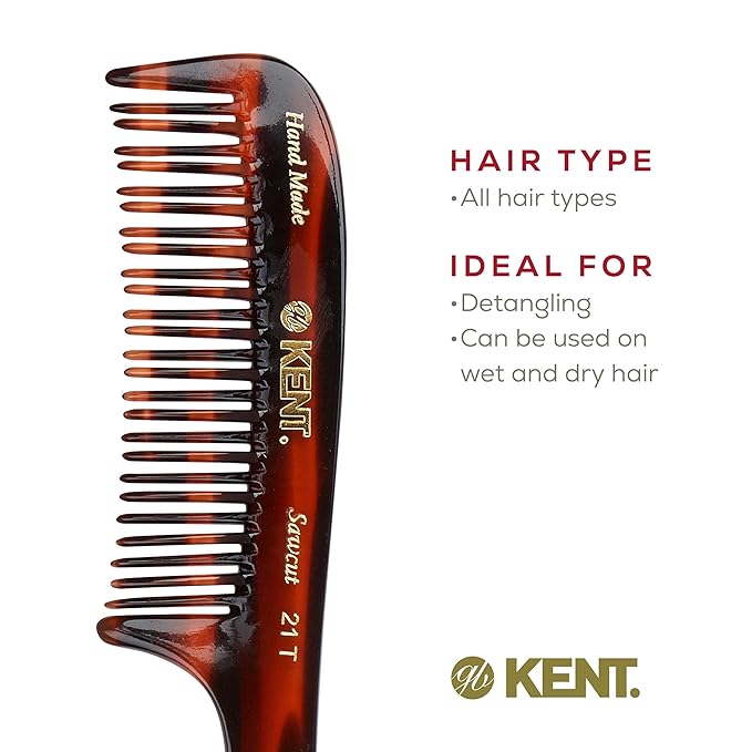 Kent 21T Tortoiseshell Large Detangling Comb, Wide Teeth for Thick Curly Wavy Hair. Long Hair Detangler Comb For Wet and Dry. Handmade of Quality Cellulose, Saw-Cut Hand Polished, Made in England