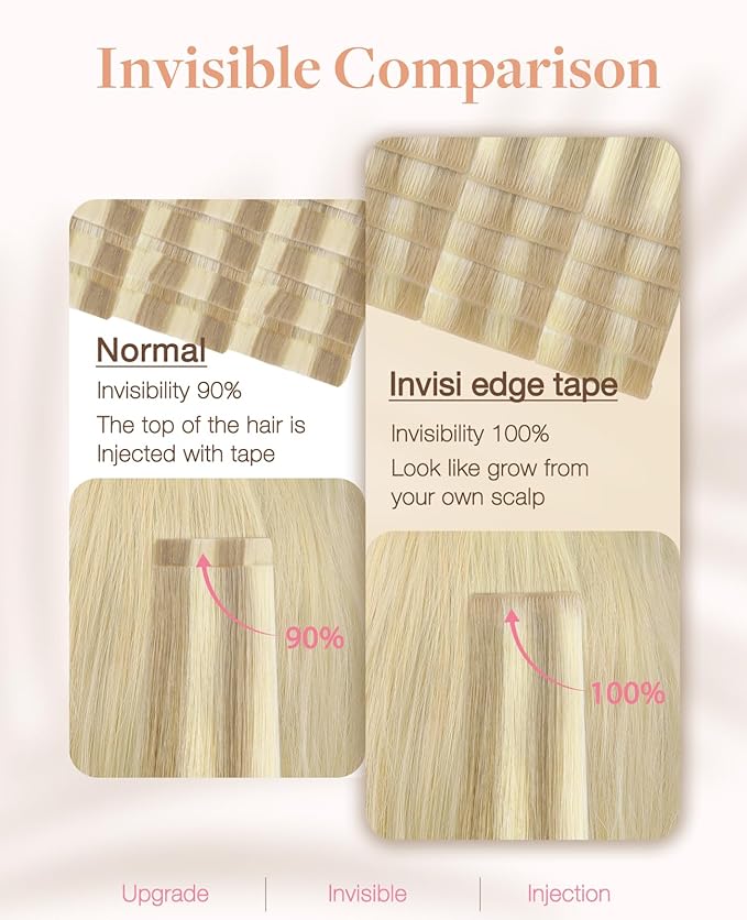 GOO GOO Invisi Edge Tape in Hair Extensions Human Hair, 18A/613A Dark Blonde Highlighted Bleach Blonde 10pcs injected with 10pcs classical tape ins, 10inch 30g, Virgin Remy Hair, Natural Look