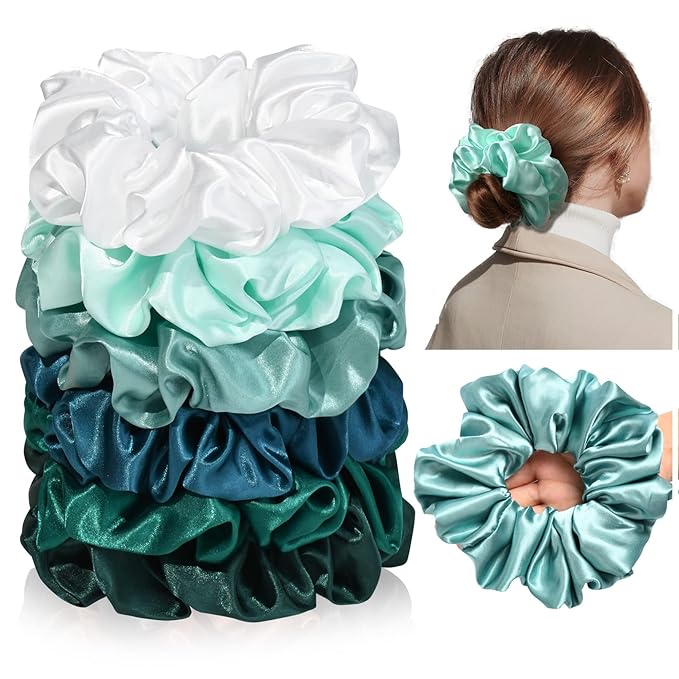 CEELGON Large Silk Satin Scrunchies - Jumbo Hair Ties for Thick Curly Hair - Pack of 6 (Green)