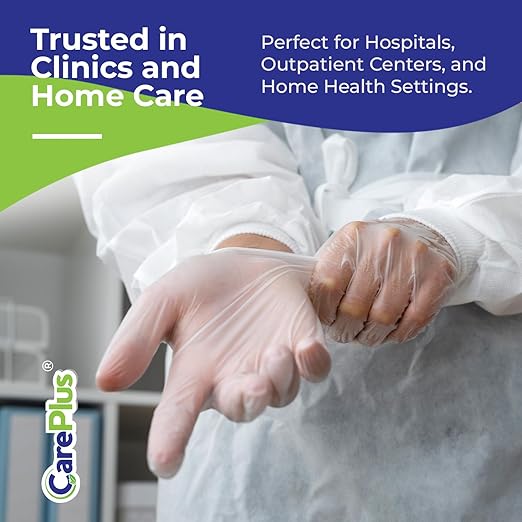 CARE PLUS Latex-Free Vinyl Gloves Clear Extra Large Size 100 Count | Heavy Duty, Non-Sterile, Powder-Free, Rubber | Food Prep, Kitchen & Cleaning Gloves, Ideal for Professional Use