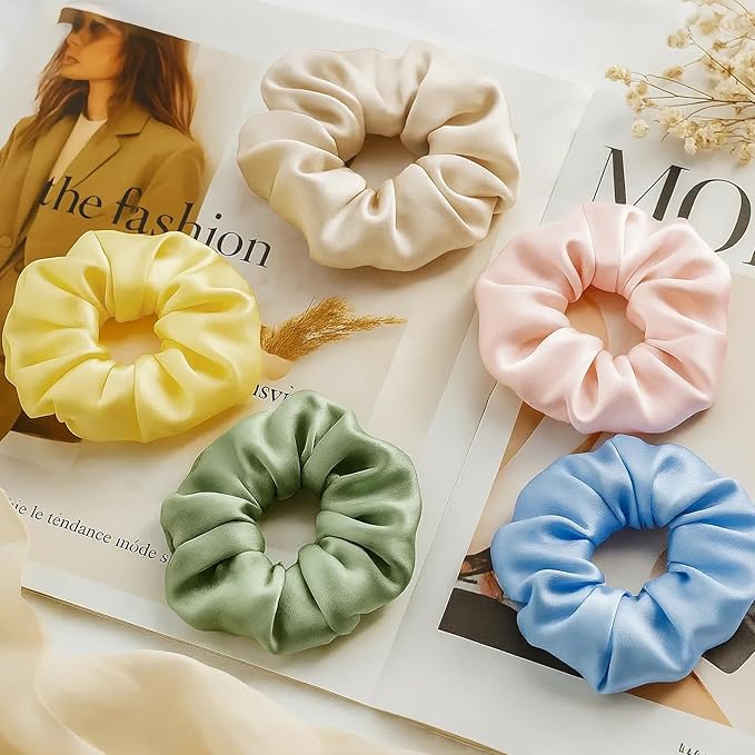 LILYSILK Silk Hair Scrunchies Ties for Frizz & Breakage Prevention 100% Mulberry Elastic Ponytail Holder 5PC (gravel gold+pale pink +ice blue+pale green+LILYAUREA)