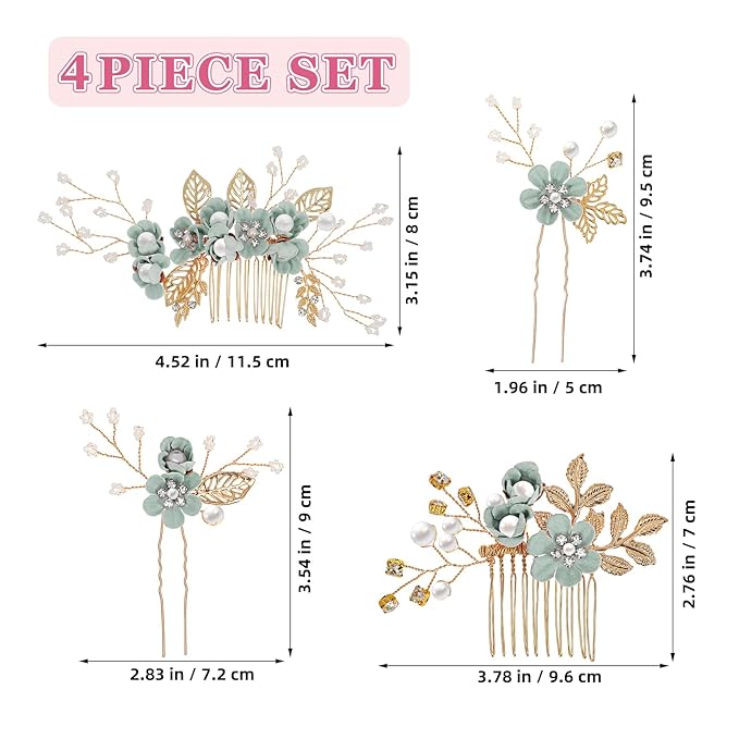 Wedding Flower Hair Accessories for Women: 4pcs Leaf and Flower Hair Combs for Women Accessories - Crystal Pearl Wedding Flower Clips Headpiece for Brides Bridesmaids Girls Updo (Green)