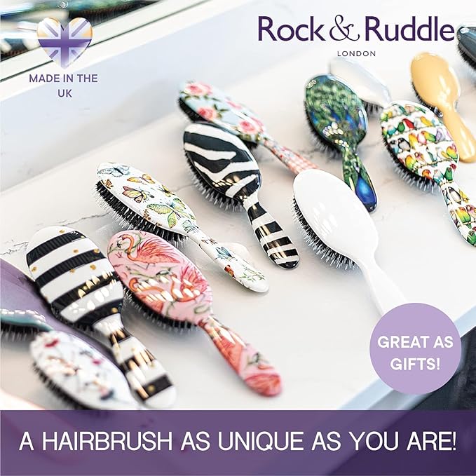 Rock & Ruddle Natural Mixed Boar Bristle Hair Brush for Women and Kids (Small/Travel Size, 17.5cm - Perfect for Wet or Dry Hair, Detangling Smoothing Blowdrying - Made in UK - Tile Blue