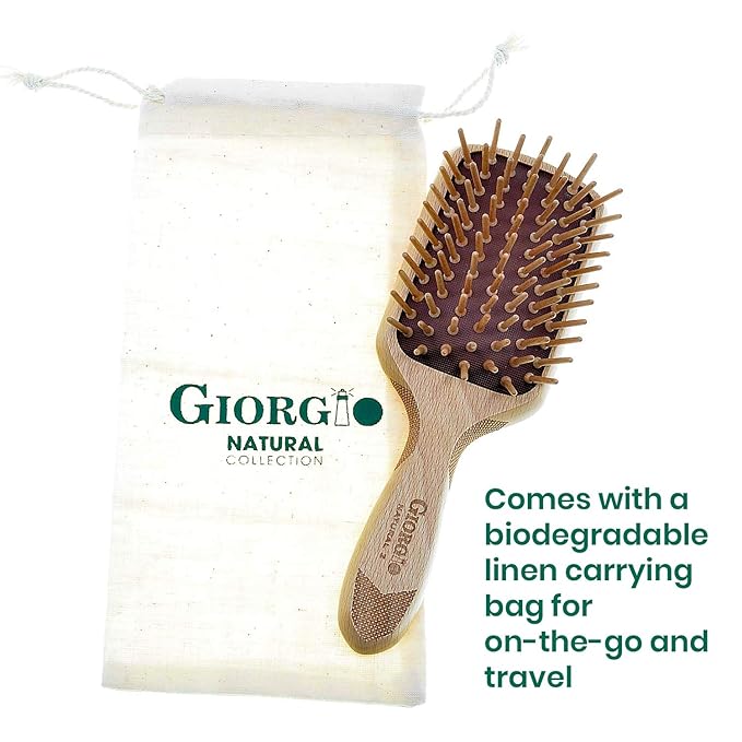 Giorgio Eco Friendly Wooden Bristle Hairbrush - Small Detangling Brush and Hair Growth Brush for Thick or Long Hair - Paddle Hair Brush Made with Anti Static Beechwood, Silicone Massage Cushion