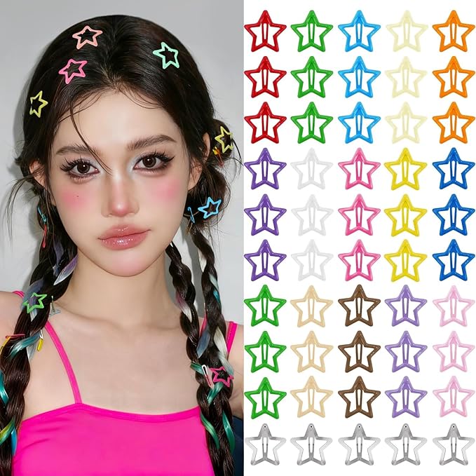 Star Hair Clips Snap Hair Barrettes Non Slip Star Hair Accessories Multiple Colors Metal Hair Clips for Girls Women -50PCS 1.18"