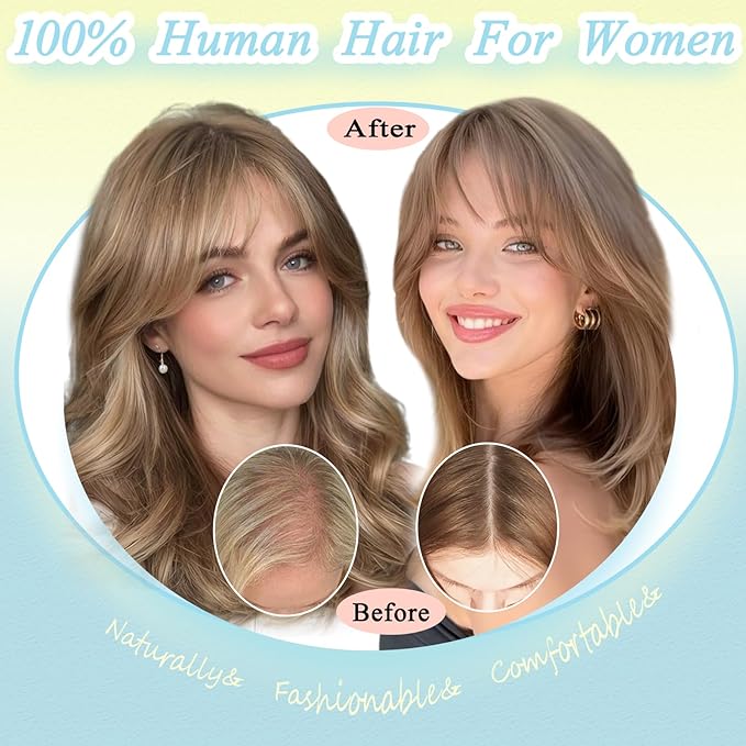 Hair Toppers for Women Real Human Hair, 360° 3D Toppers Pieces for Women with Thinning Crown Wispy Bangs 14 Inch Upgrade Big Basement (Dark Brown, 14 Inch Wispy Bangs)