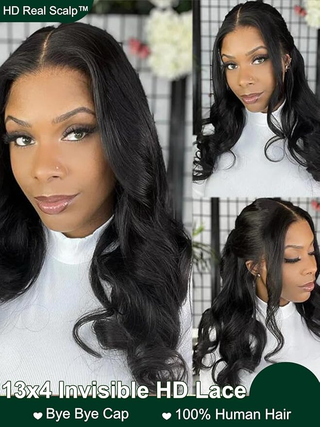 KLAIYI HD Real Scalp Wig 13x4 Lace Frontal Human Hair Wig Loose Body Wave with Face Framing Curtain Bangs Pre Everything Glueless 3S Wear and Go Precut Lace Pre Plucked Pre Bleached 180%Density 16Inch