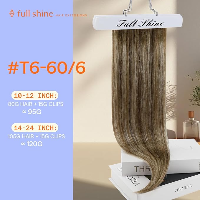 Full Shine 18 Inch Clip in Extensions Remy Human Hair Clip in Hair Extensions Chestnut Brown Balayage to Brown With Platinum Blonde Real Hair Clip ins Double Weft 7 Pcs 120 G