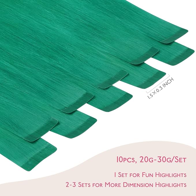 WENNALIFE Tape in Hair Extensions Human Hair Green Tape in Extensions, 10pcs 25g 18 inch Remy Invisible Tape Ins Straight Colored Soft Real Human Hair Tape in Extensions Refill Set Extensions