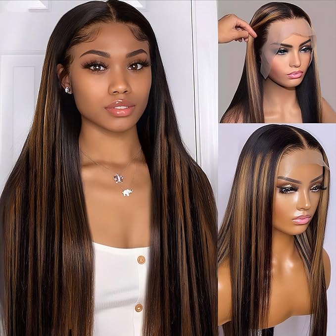 32 Inch Highlight Ombre Lace Front Wig Human Hair Straight Wigs Human Hair 13x4 Pre Plucked 1B/30 Black with Brown Highlight Wig 200% Density Colored Glueless Wigs for Women