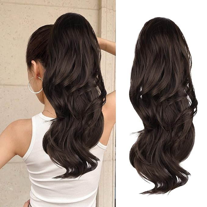 Ponytail Extension, Drawstring Ponytail Extension for Women 20 Inch Long Wavy Brown Pony Tails Hair Extensions Synthetic Clip in Ponytail Hairpiece for Women
