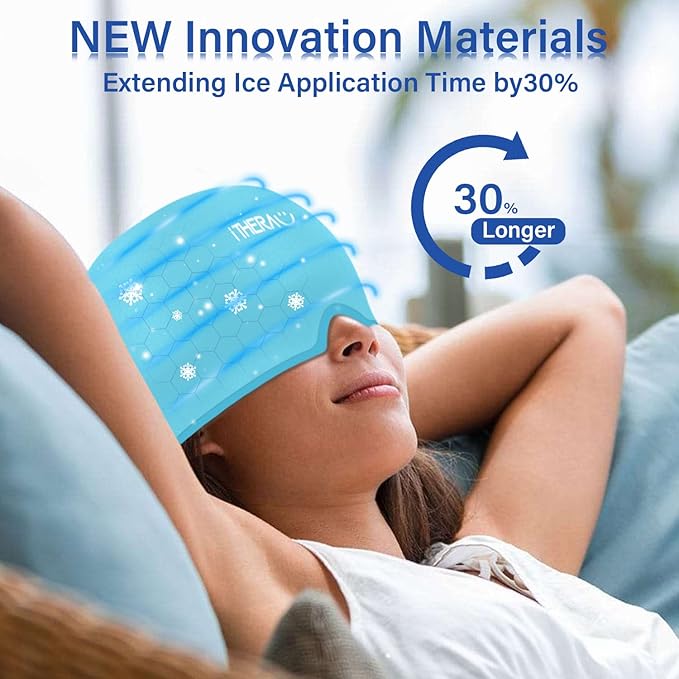iTHERAU Migraine Relief Cap, Soothing Headache Hat, Gel Ice Pack Head Wrap with Hot and Cold Therapy, Headache Relief Cap for Sinus, Puffy Eyes, Tension and Stress Relief Blue