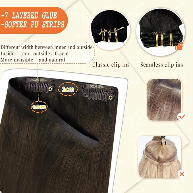 Full Shine Clip in Hair Extensions 22 inch 160g 8Pcs Seamless Human Hair Clip in Extensions Brown Remy Hair Clip ins for Women Softness