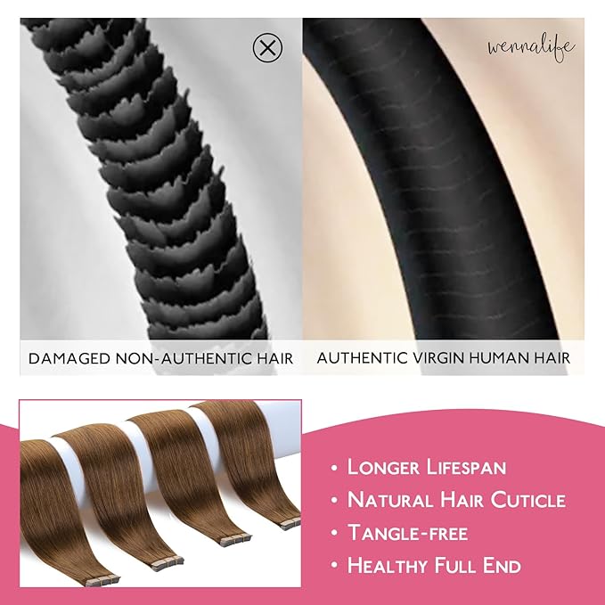 WENNALIFE Tape in Hair Extensions Human Hair Light Auburn Brown Tape in Extensions, 10pcs 25g 16 inch Remy Invisible Tape Ins Straight Colored Soft Real Human Hair Tape in Extensions Refill Set