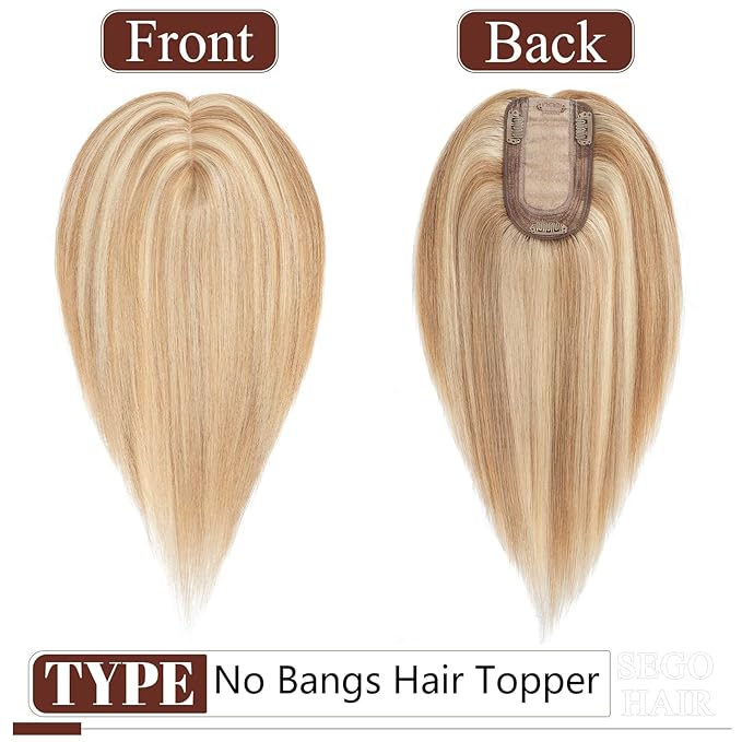 SEGO Hair Topper for Women, No Bangs Real Human Hair Topper with Anti-Slip Clips (8 Inch#12/613 Golden Brown Mix Bleach Blonde)