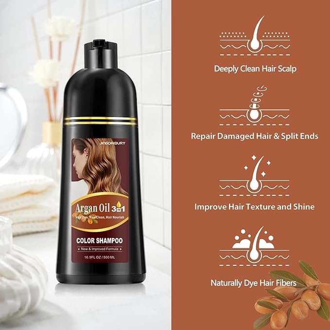 Black Hair Dye, Hair Dye Shampoo, Argan Oil Hair Dye for Men & Women, 3 in 1 Hair Dye Shampoo, Easy to Use, Shampoo Para Canas for Gray Hair Coverage 16.9 FlOz (Black)