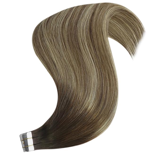 YoungSee Tape in Extensions Balayage Tape in Hair Extensions Human Hair Ombre Dark Brown to Brown with Blonde Tapes on Hair Extension 20pcs Real Hair 22In Long Hair Extension 50g for Parties