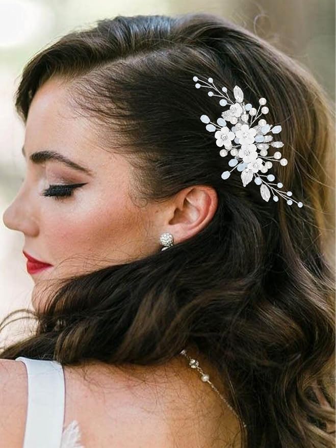 Latious Flower Wedding Hair Clip Silver Pearl Bridal Hair Barrettes Rhinestones Hair Piece for Women and Brides