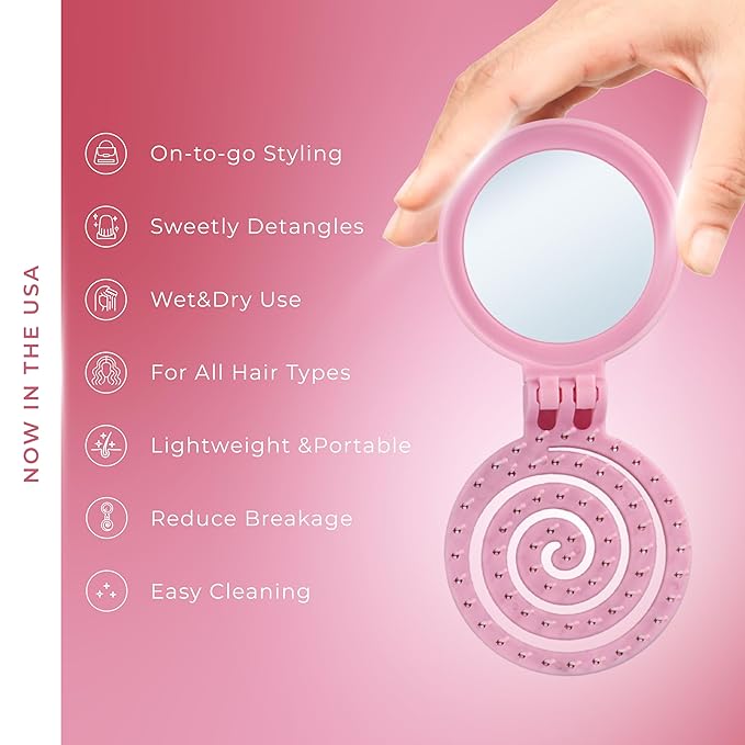 Mini Detangler Travel Hair Brush with Mirror, Makaron Hair Brushes for Women, Men and Kids, Unique 3D Flexible Design for All Hair Types, Styling Accessory, Travel Essentials for Women (LILAC)