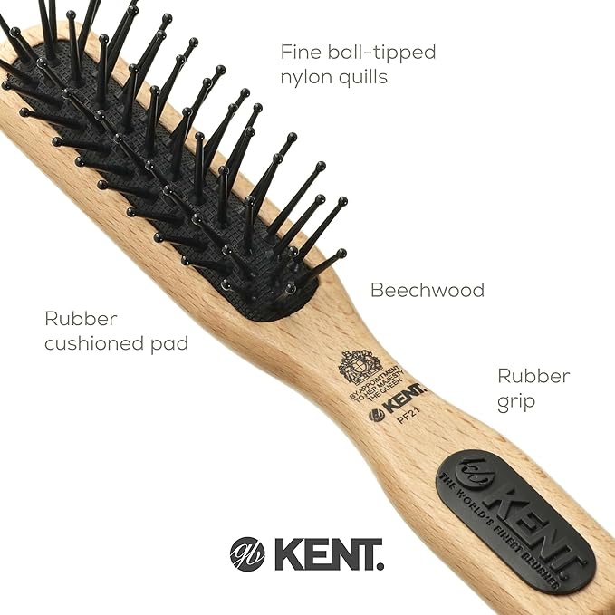 Kent PF21 Narrow Cushion Paddle Brush - Taming Fine Pins, Detangling Long, Thick and Curly Hair, Scalp Massager for Growth Stimulation on Wet or Dry Hair. Made in England