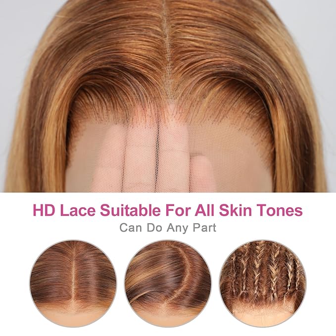 210% Density 13x6 Highlight Ombre Full Lace Frontal Wigs Human Hair 12A Body Wave Brazilian Human Hair Pre Plucked 4/27 Honey Blonde HD Glueless Transparent Lace with Baby Hair 24 Inch
