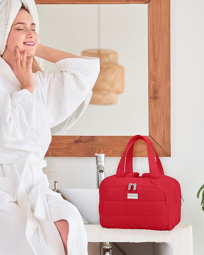 TOPDesign Travel Toiletry Bag for Women, Puffer Large Toiletry Bag, Lightweight Cosmetic Makeup Organizer with Handle for Traveling, Accessories, Essentials, Toiletries (Red)