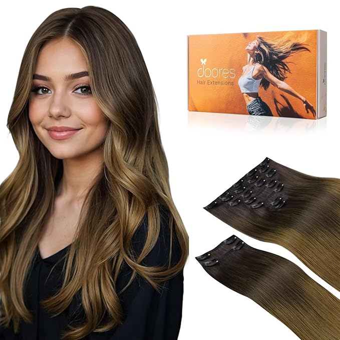 DOORES Chocolate Dip Color Melt 22 Inch 150g 9pcs Remy Hair Extensions - Clip in Human Hair Thick Straight Extensions