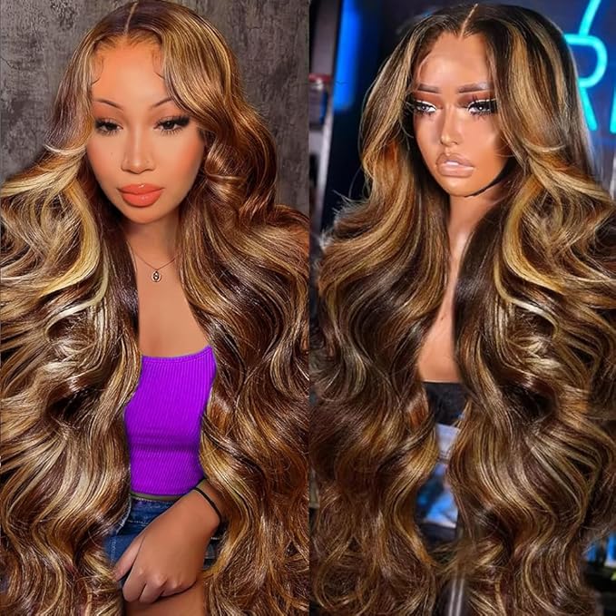 Highlight Ombre 13x6 Lace Front Body Wave Wigs Human Hair Pre Plucked 4/27Honey Blonde HD Transparent 13x6 Body Wave Frontal Wigs With Baby Hair 32Inch