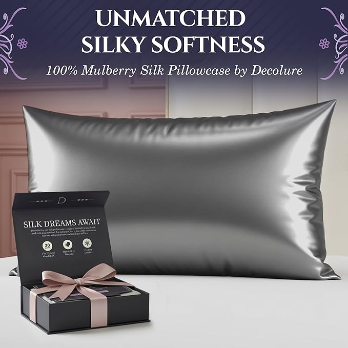 DECOLURE 100% Pure Mulberry Silk Pillow Case King Size – Highest Grade 30 Momme 6A+, Luxuriously Soft & Cooling Silk Pillowcase for Hair & Skin, Hypoallergenic, Breathable, Hidden Zipper (Grey)